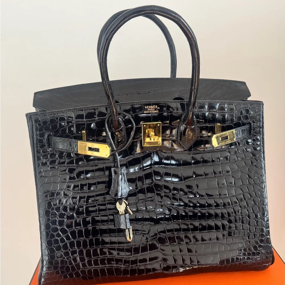 Hermès Birkin 35 – Shiny Porosus Crocodile, Black Box Dust Bag keys Clothette - Picture 9 of 16